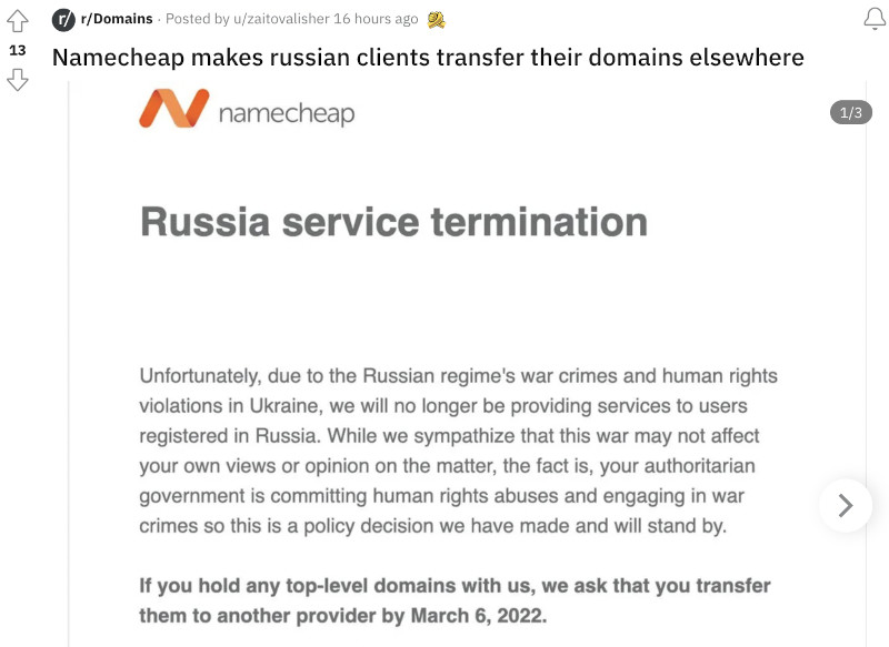 Namecheap terminating Russian accounts by March 6 2022